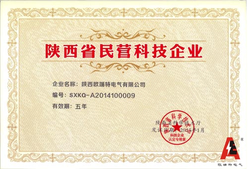 陝西(xī)歐瑞特電(diàn)氣民(mín)營科(kē)技(jì)企業(yè)證書(shū)